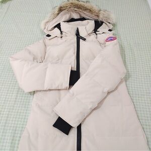 Canada Goose Beige Long Down Parka with Fur Trim Hood